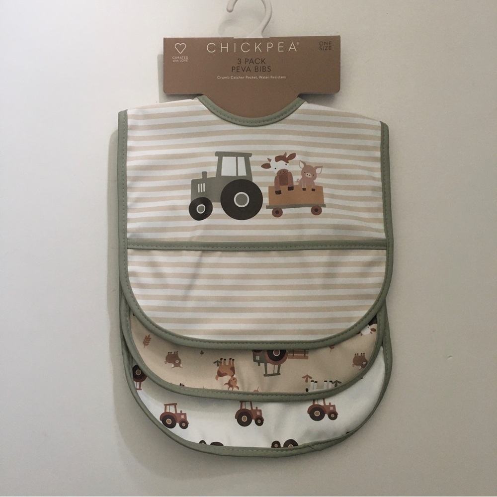 NEW Baby Peva Bibs 3 pk Bibs with Crumb Catcher Pockets Farm Theme | Chick Pea